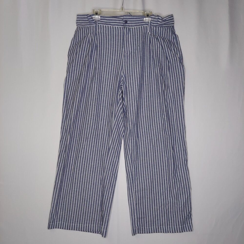 Ashley Stewart Wide Leg Pleated Pants Womens 22 Blue Stripe Paperbag Pockets Zip